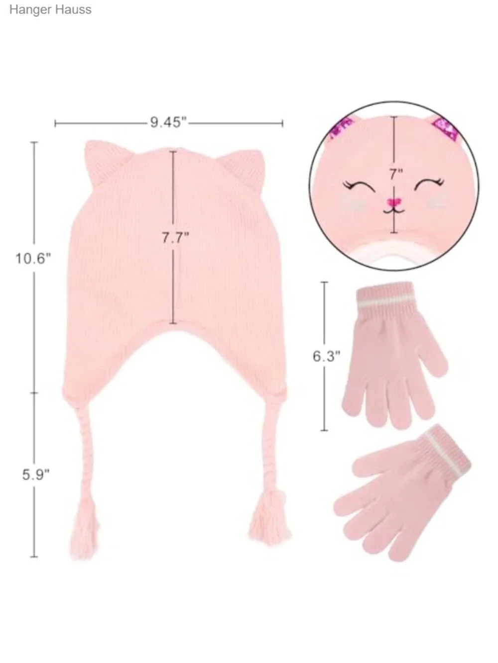 Girls Cat Ear Beanie Hat & Gloves Set Acrylic Fleece Lined Winter Knit Cap
